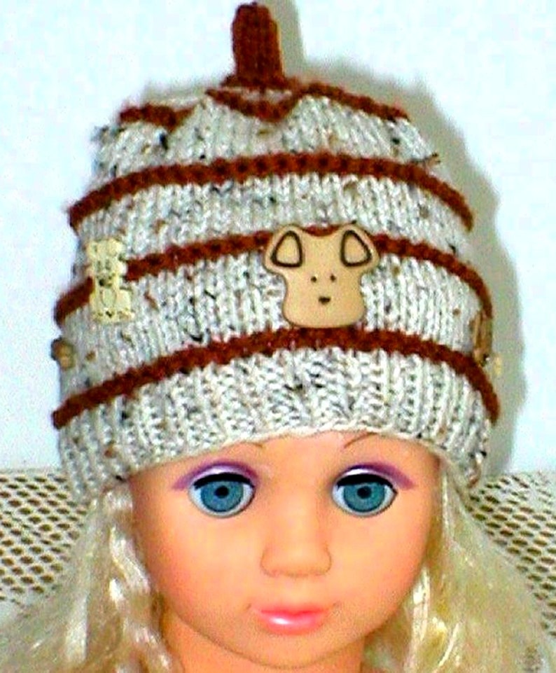 Childs Dog Button Beanie Hat Striped Hat Aran Fleck Knit Beanie Childs