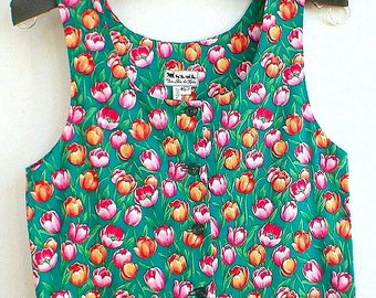 Womens 2XS green cotton tulip sundress - pink orange tulip dress - floral print sundress - green dress maternity dress - cotton tulip dress