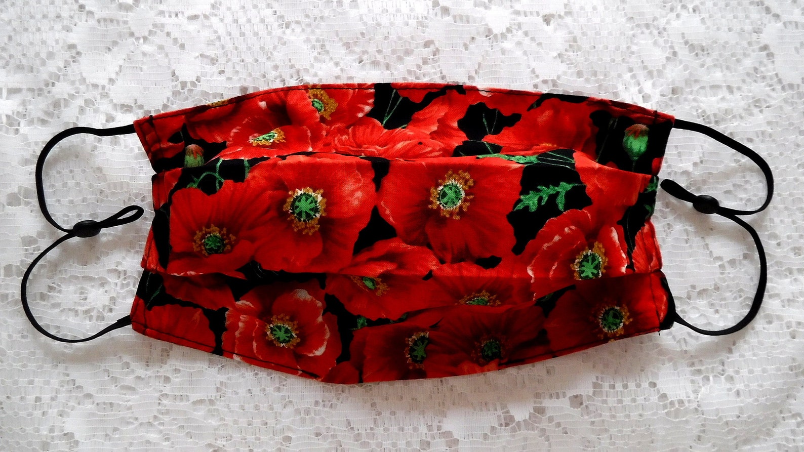 Red Poppy Flower Face Mask Adults Cotton Pleated Face Mask Floral Face Mask Red Black Poppy Face