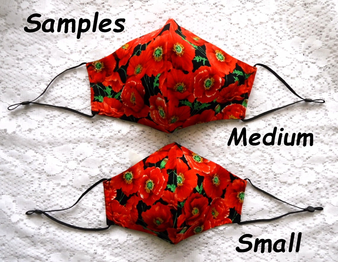 Red Poppies on Black Cotton Face Mask Adult Small Black Cotton Face Mask Reversible Face Mask