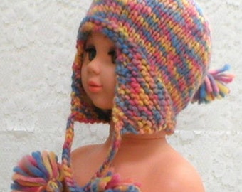 Childs wool ear flap hat - kids trapper cap - girls boys pink blue wool beanie hat - chunky knit wool winter hat - childs wool chemo cap