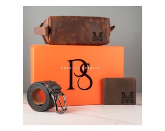 Christmas Gift for Him, Personalized Leather Set with Belt, Wallet & Dopp Kit, Custom Gift for Dad, Husband or Boyfriend, Holiday Gift Idea