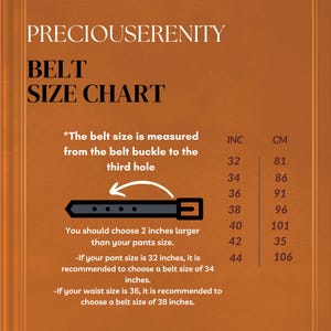 Może przedstawiać: Tabela rozmiar&oacute;w pask&oacute;w z tekstem "PRECIOUSERENITY BELT SIZE CHART". Tabela zawiera wymiary w calach (INC) i centymetrach (CM), z przykładami takimi jak 32 cale (81 cm) i 36 cali (91 cm). Zawiera r&oacute;wnież instrukcje dotyczące pomiaru i wyboru odpowiedniego rozmiaru paska.