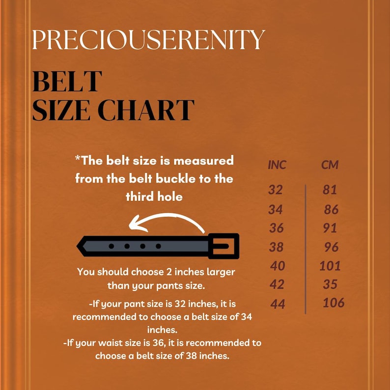 Może przedstawiać: Tabela rozmiar&oacute;w pask&oacute;w z tekstem "PRECIOUSERENITY BELT SIZE CHART". Tabela zawiera wymiary w calach (INC) i centymetrach (CM), z przykładami takimi jak 32 cale (81 cm) i 36 cali (91 cm). Zawiera r&oacute;wnież instrukcje dotyczące pomiaru i wyboru odpowiedniego rozmiaru paska.