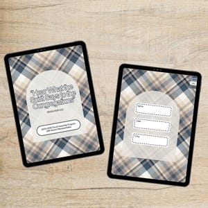 May include: Two tablets with a plaid design, one with text "Hear What the Spirit Says to the Congregations" and the other with fill-in-the-blank fields. A notebook, pen, coffee cup, and plant are also on the wooden surface.