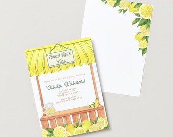 Puede incluir: Una invitación a un baby shower con diseño de un puesto de limonada amarillo y verde con diseño de acuarela. La invitación dice "Sweet Little One" e incluye detalles para un baby shower en honor a Olivia Williams.