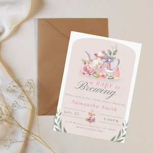 Un bebé está preparando una invitación para el baby shower, invitación para el baby shower de la fiesta del té