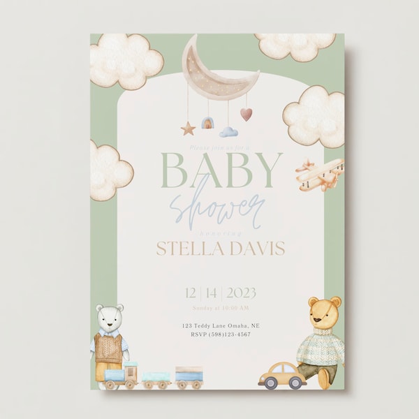 Baby Shower Invitation| Baby Invite| Wooden Toys|Hello Baby|Oh Baby|Editable Invitation|Digital Invitation|Printable Invitation|Sage