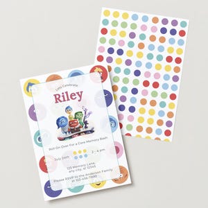 Może przedstawiać: Kolorowe zaproszenie z kreskówkowym obrazkiem postaci z filmu W głowie się nie mieści. Zaproszenie zawiera napis "Lets Celebrate Riley" i zawiera szczegóły dotyczące imprezy "Core Memory Bash".