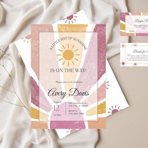 Sunshine Baby Shower Invitation, Boho Sun Baby Shower Bundle, Pink Rainbow Shower, A Little Ray of Sunshine, Editable Canva Template