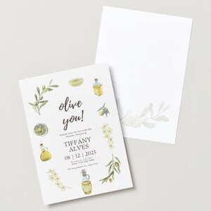 May include: Olive you! An invitation to a bridal shower for Tiffany Alves on 12 August 2025. The invitation features a watercolour illustration of olive branches, olives, and olive oil bottles.