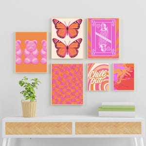 pink orange wall art-preppy room decor-trendy retro art prints-maximalist gallery wall-set of 11 aesthetic posters-teen girl room decor