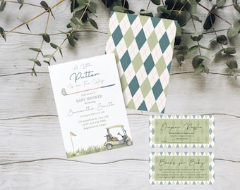 May include: A baby shower invitation with a golf theme. The invitation features a golf cart, a putter, and a golf ball. The text on the invitation reads "A Little Putter is on the Way".
