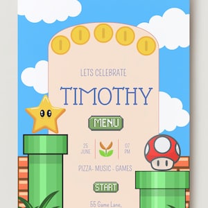 Mario Bros Einladung, Super Mario Party-Einladung, Super Brothers Junge einladen, Videospiel, Kind einladen, bearbeitbare Vorlage, bearbeitbare Canva
