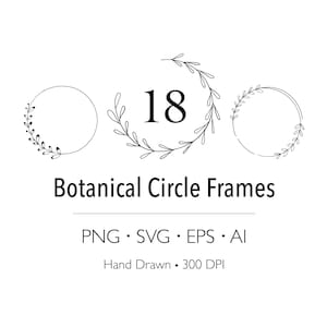 18 Botanical Circle Frames | Hand Drawn Floral Wreath Clipart Bundle | Line Art Floral Svg Png Eps Ai