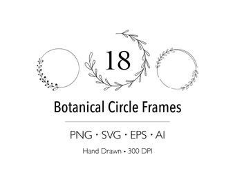 18 Botanical Circle Frames | Hand Drawn Floral Wreath Clipart Bundle | Line Art Floral Svg Png Eps Ai