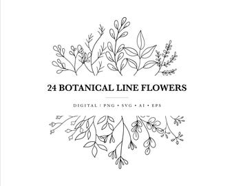 Botanical Line Art Flower Clipart Hand Drawn Floral Illustrations SVG PNG