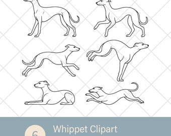 Whippet Clipart Pack — 6 Minimal Line Art Whippet Svg Png Eps Ai — Instant Download