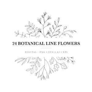 Botanical Line Art Flowers Clipart – 24 Minimalist Floral Elements for Logo, Wedding & Cricut