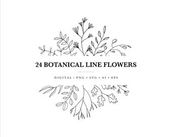 ボタニカルラインアートの花のクリップアート – ロゴ、結婚式、クリカットのための24のミニマリストの花の要素