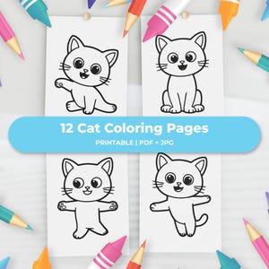 12 Printable Kitten Coloring Pages | Cute Cat Coloring Book for Kids & Adults | Digital Download PDF JPG | Fun Animal Activity Sheets