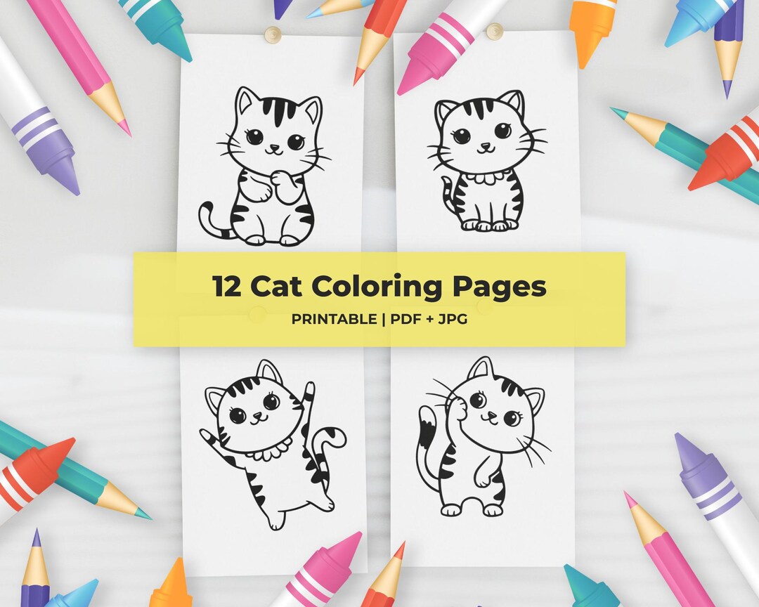 12 Kawaii Cat Coloring Pages for Kids Printable Kitten Coloring Sheets ...
