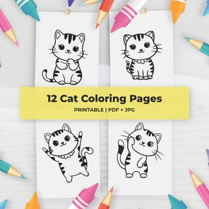 12 Cat Coloring Pages Printable | Cute Kitten Coloring Sheets for Kids and Adults | Instant Download PDF JPG | Kawaii Cat Activity