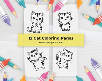 12 Kawaii Cat Coloring Pages for Kids Printable Kitten Coloring Sheets PDF JPG