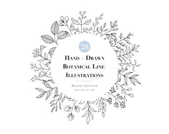 Botanische Blume Linie Kunst SVG Set, Hand gezeichnet Floral Clipart, digitaler Download für Cricut