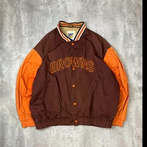 Vintage 90s Cleveland Browns NFL Embroidered Spellout Nylon Bomber Jacket Sz XXL
