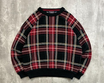 Vintage 90er Jahre Pullover Karierten Print Pullover Gerippter Strick Pullover Gr.L