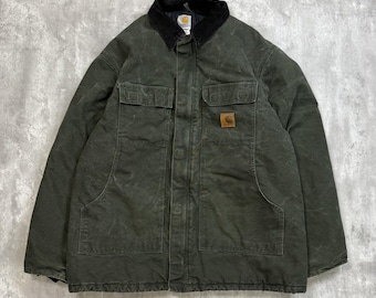 Vintage Carhart JQ185 Black Canvas 90s Work Jacket Sz 48 Corduroy