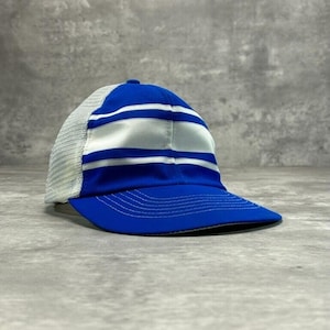 Vintage 80s Striped Blank Trucker Snapback Hat OSFA White/Blue