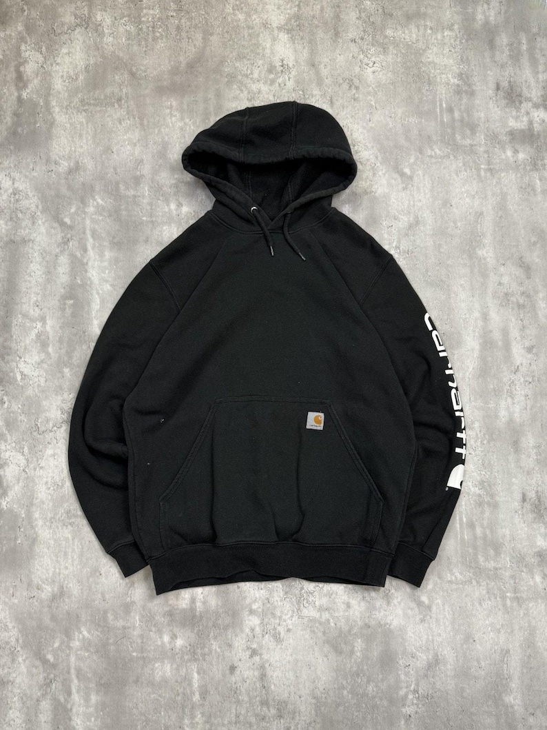 Vintage Carhartt Sleeve Spellout Workwear Hooded Sweatshirt Size Medium Black image 1
