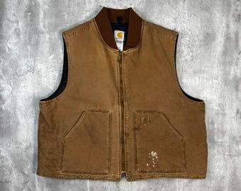 ★Carhartt Work Canvas Quilted Vest LTall Vintage Carhartt Canvas Vest Navy Blue Quilt Lined Men's 3XL