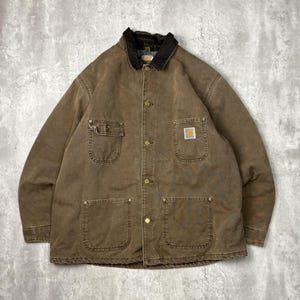 Vintage Carhartt deken bekleed canvas werkkleding Chore Barn jas maat XL bruin