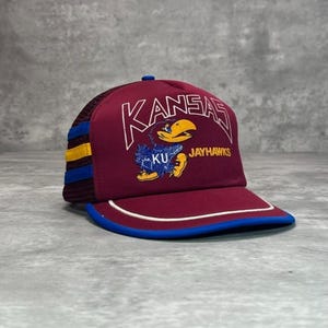 Vintage 80s Kansas Jayhawks NCAA Three Stripe Trucker Snapback Hat OSFA