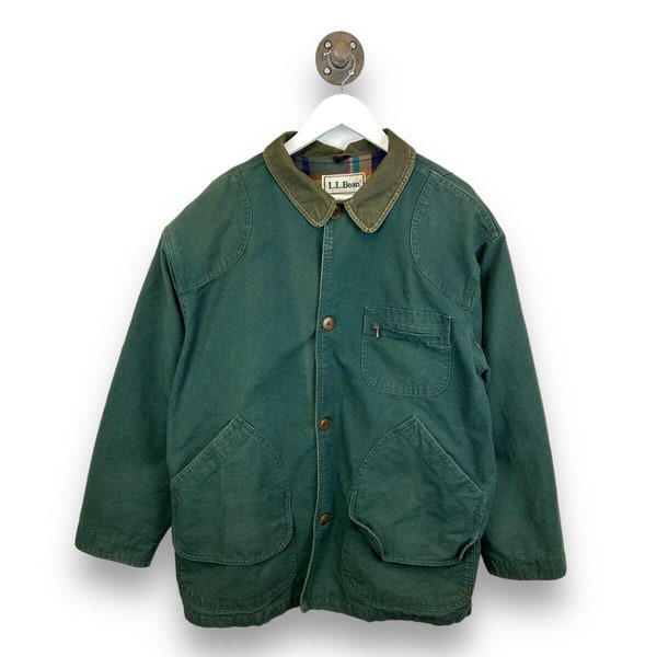 Vintage 90s LL Bean Canvas Plaid Lined Barn Chore Coat Jacket Size Large Green
