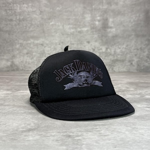 Vintage 1980s Jack Daniels Graphic Spellout Logo Trucker Snapback Hat OSFA Black