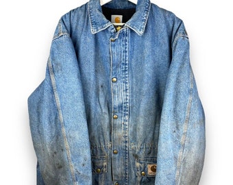 Giacca da lavoro vintage Carhartt isolata in denim da fienile taglia grande C45