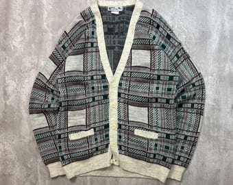 Vintage 80s Moda Abstract Plaid Print Cardigan Knit Sweater Size Large