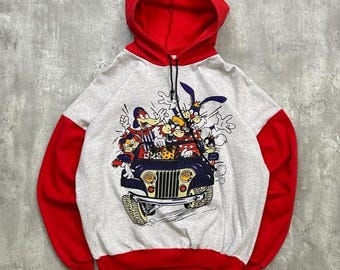 Vintage 1993 Cartoon Charakter Zweifarbiger Pullover Kapuzen-Sweatshirt Größe L