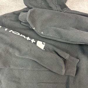 Vintage Carhartt Sleeve Spellout Workwear Hooded Sweatshirt Size Medium Black image 11