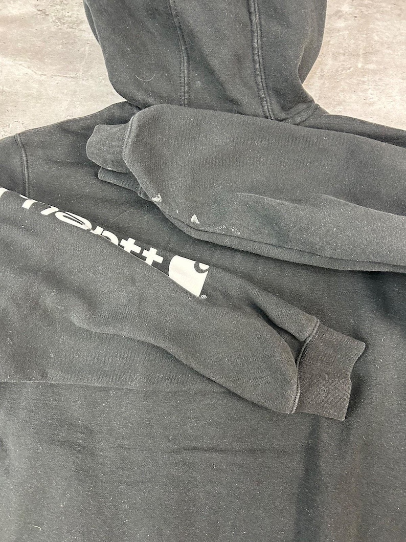 Vintage Carhartt Sleeve Spellout Workwear Hooded Sweatshirt Size Medium Black image 11