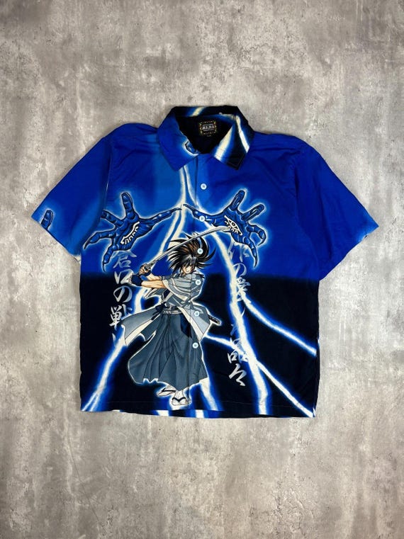 Vintage Y2K Anime Samurai All Over Print Short Sleeve Button up