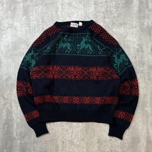 Vintage 90s Code Identification Abstract Striped Reindeer Knit Sweater Sz Large