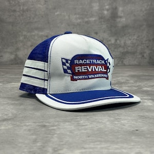 Vintage 90s Racetrack Revival Embroidered Three Stripe Trucker Snapback Hat OSFA