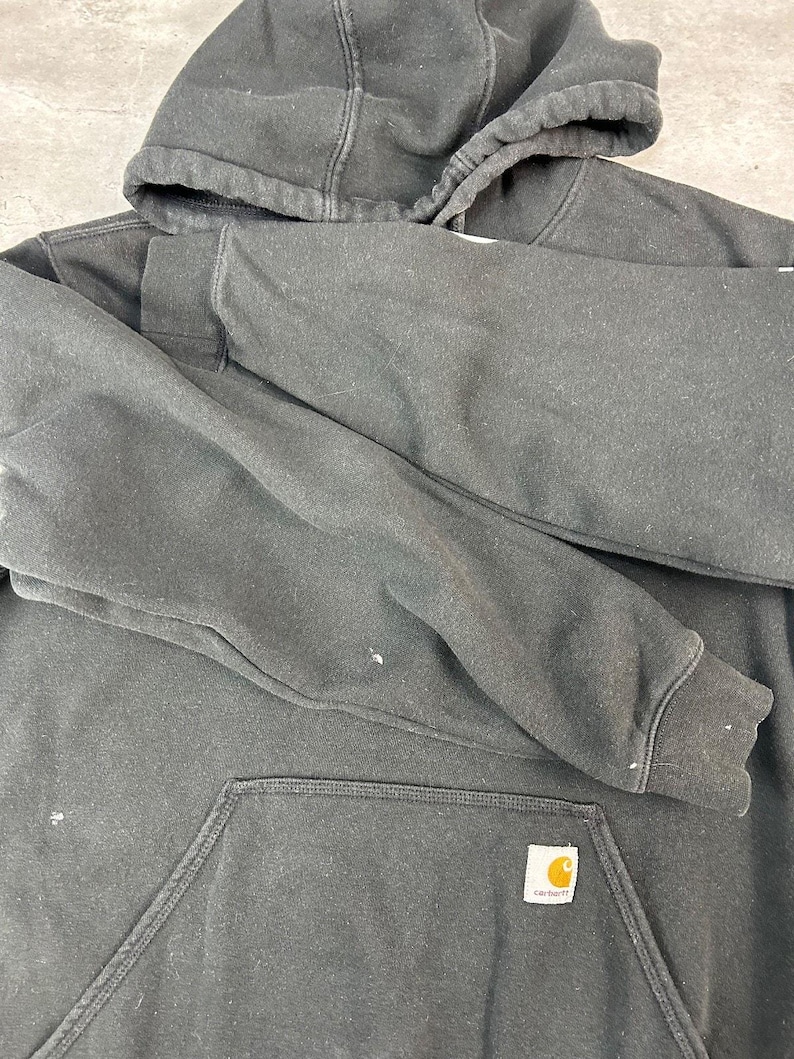 Vintage Carhartt Sleeve Spellout Workwear Hooded Sweatshirt Size Medium Black image 7