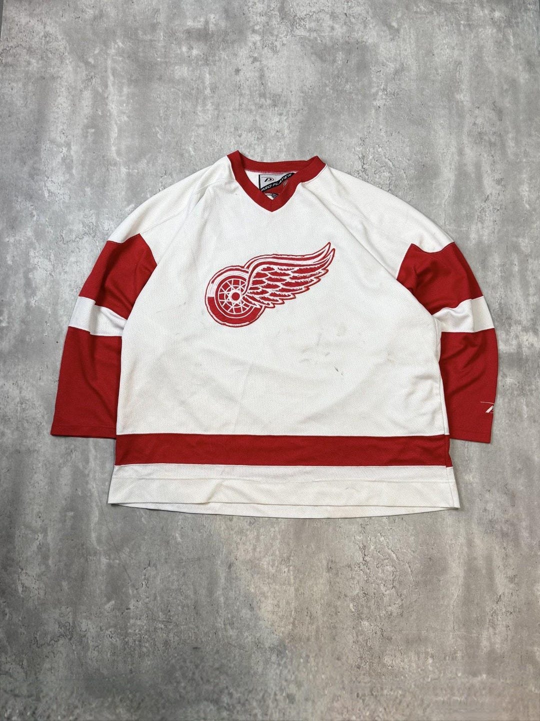 new east order赤ポロシャツ Lレッド ホワイト 斜めライン Vintage Detroit Red Wings NHL Stitched Pro Player Hockey Jersey