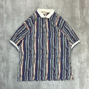 May include: A short-sleeved polo shirt with a vertical striped pattern in shades of blue, white, beige, and burgundy. The shirt has a white collar and cuffs, and a three-button placket. The shirt is made of a soft, breathable fabric.